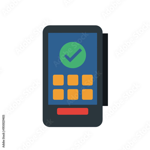 Mobile EDC payment terminal with green check mark on screen for cashless transaction service.