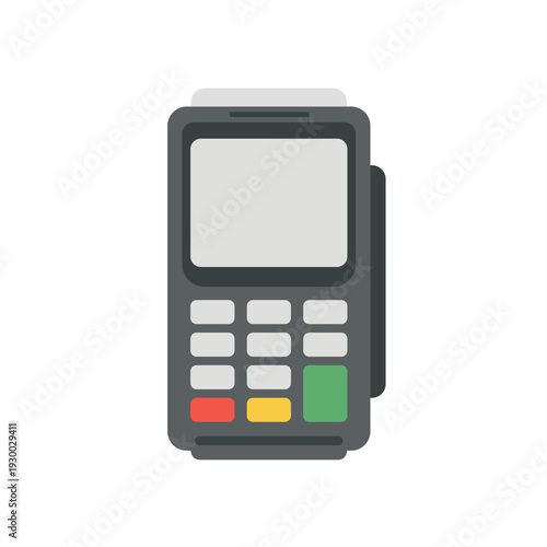 Card payment terminal with colorful buttons and screen for retail store checkout counter.