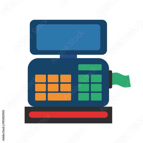 Cash register machine with paper money and orange buttons for retail payment illustration.