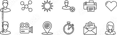 Digital interface icon collection, user profile illustration, communication symbol artwork, multimedia design graphic, technology silhouette, modern web application black white drawing