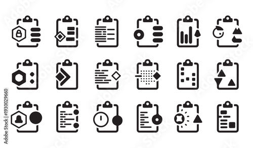 Business clipboard task management icons with security locks and data visualization charts