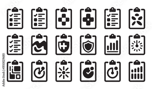 Checklist icon set. medical report and task list document vector icons