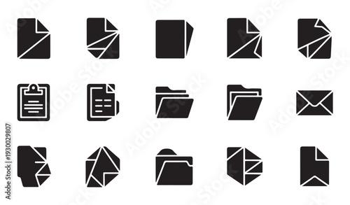 Set of stylized document, folder, and envelope icons in black and white