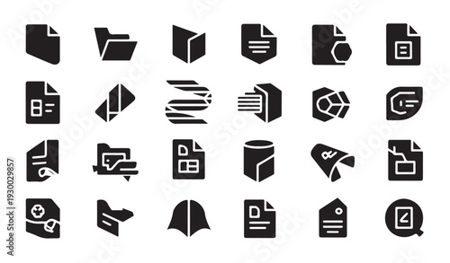 Set of solid black document and file management vector icons, data storage and security concepts