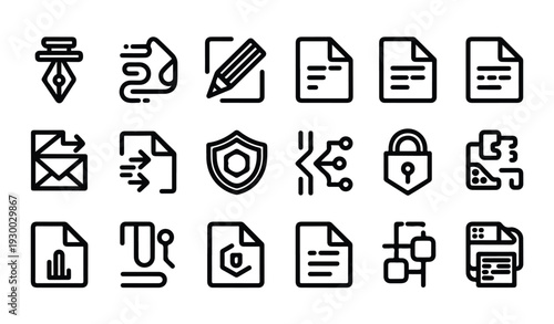 Set of document and data management vector icons, content creation and secure file processing