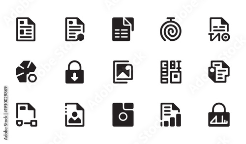 Set of file and data security vector icons, digital information management and archive systems