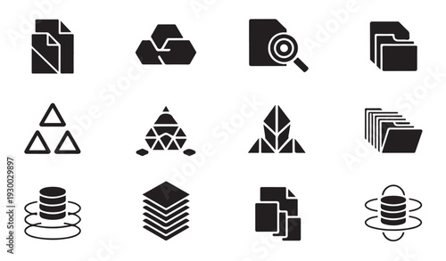 Abstract geometric shapes and data processing icons for technology, finance and science, patterns