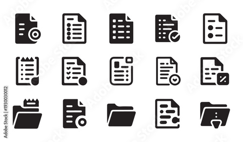 Set of document and folder icons, outline black symbols for user interface, clean design