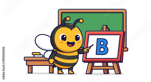 A cartoon bee teaches alphabet on an easel in a classroom setting with a blackboard