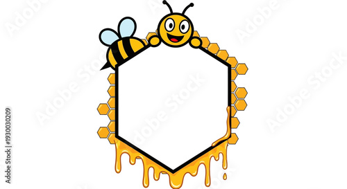 A cartoon bee and honeycomb frame with dripping honey on a white background illustration