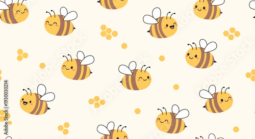 Aerial view of cartoon bees and flowers in a whimsical pattern, showcasing a lively illustration of nature and insects