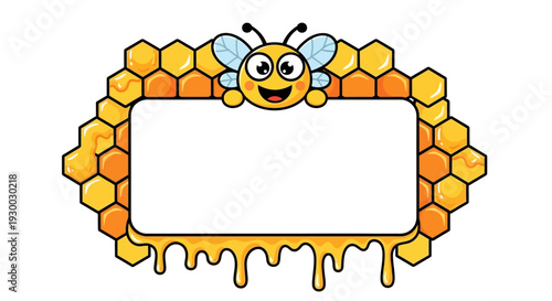 A cartoon bee peeking from a honeycomb frame with dripping honey on a white background illustration