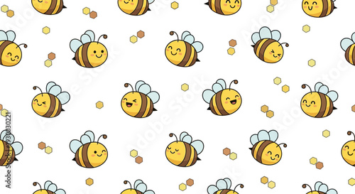 A vibrant pattern of smiling bees and pollen on a clean white background from a direct viewpoint