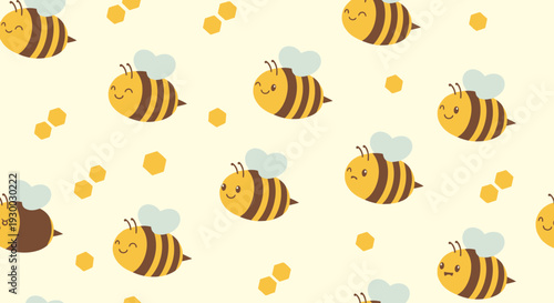 Pattern of cartoon bees and honeycombs in a seamless design viewed from directly above