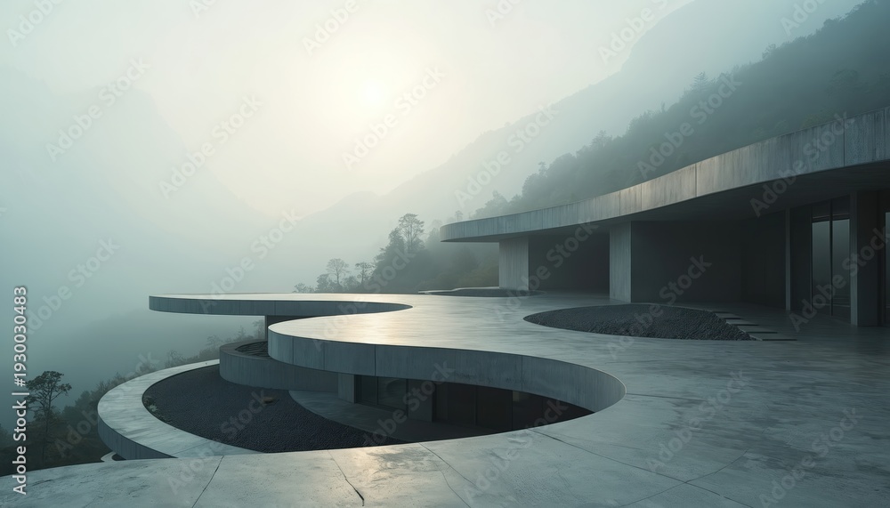 Fototapeta premium Modern concrete building with flowing curves sits on misty mountain slope. Sleek architecture design offers scenic nature view. Minimalist structure blends with rugged terrain. Futuristic elegant