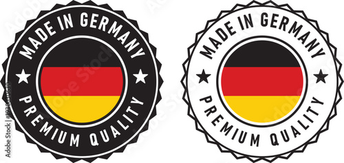 "Made in Germany Premium Quality" German Flag Circular Seal Badge Set – Smooth and Serrated Border Vector Icons