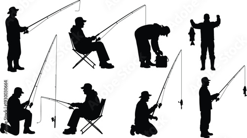 Fishing silhouette collection, anglers illustration artwork, black and white design, recreational activity graphic, outdoor leisure symbol, artistic nature hobby drawing