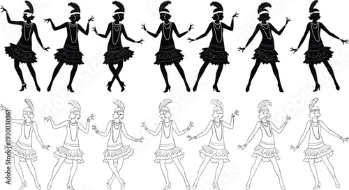 Flapper dancer silhouettes, 1920s fashion icons, jazz age women, vintage attire, fringe dress, feather headband, beaded necklace, retro dance illustration