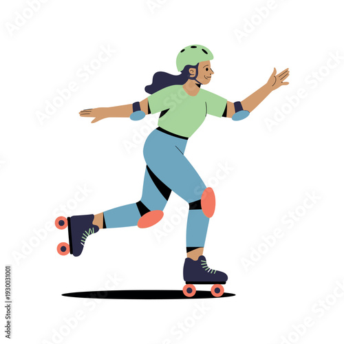 Active female figure wearing safety pads and helmet while roller skating outdoors with dynamic motion.