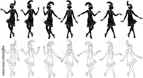 Flapper dancer silhouettes, 1920s fashion icons, vintage dance poses, retro women illustration, feather headband, fringe dress, beaded necklace, jazz age