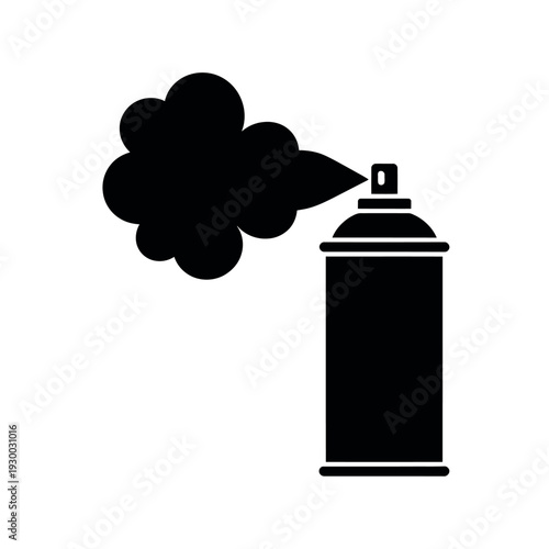 Black aerosol spray can is depicted actively dispensing a cloud of dark paint or pigment.