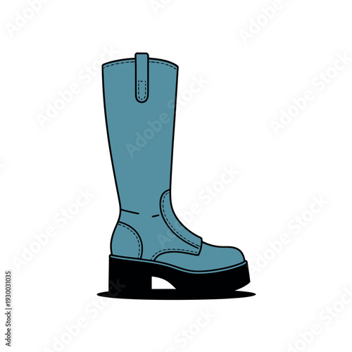 Light blue platform go-go boot with thick black sole is standing upright against a white background.