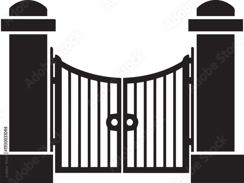 Black metal gate with decorative pillars