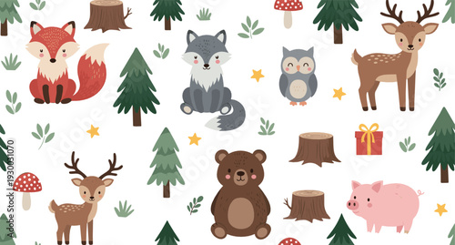 Cute forest animals set with bear, fox, deer and woodland trees illustration