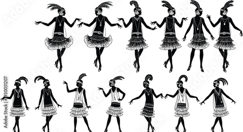 Flapper silhouettes, 1920s fashion icons, jazz age dancers, vintage women illustration, feather headband, fringe dress, beaded necklace, retro dance poses
