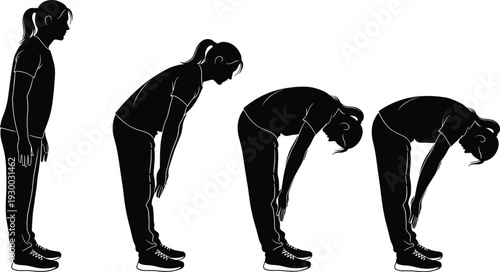 Forward bend stretch silhouettes, yoga posture icons, fitness exercise illustration, hamstring flexibility, anatomy movement, workout routine, wellness activity, stretching