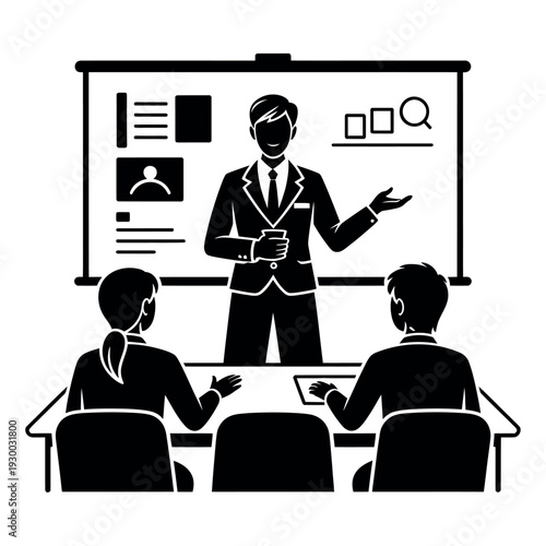 Businessman presents data charts to attendees during a formal corporate training seminar.