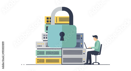 Man working on computer with secure server and padlock.