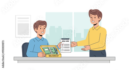 Two businessmen discussing documents at office desk.