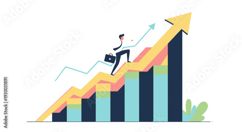 Businessman climbing up a growing graph.