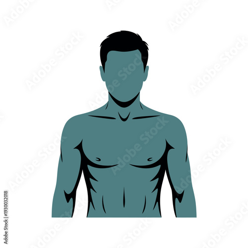 Torso illustration of a muscular, fit man with defined abdominal muscles and strong shoulders shown.