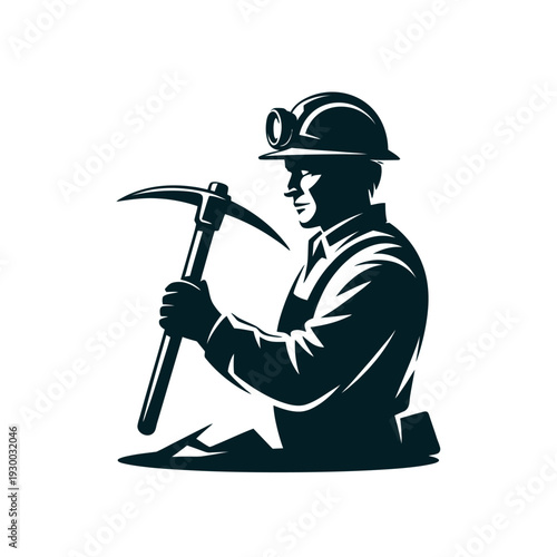 Miner silhouette powerfully holding a pickaxe, representing hard labor, extraction, and underground work.