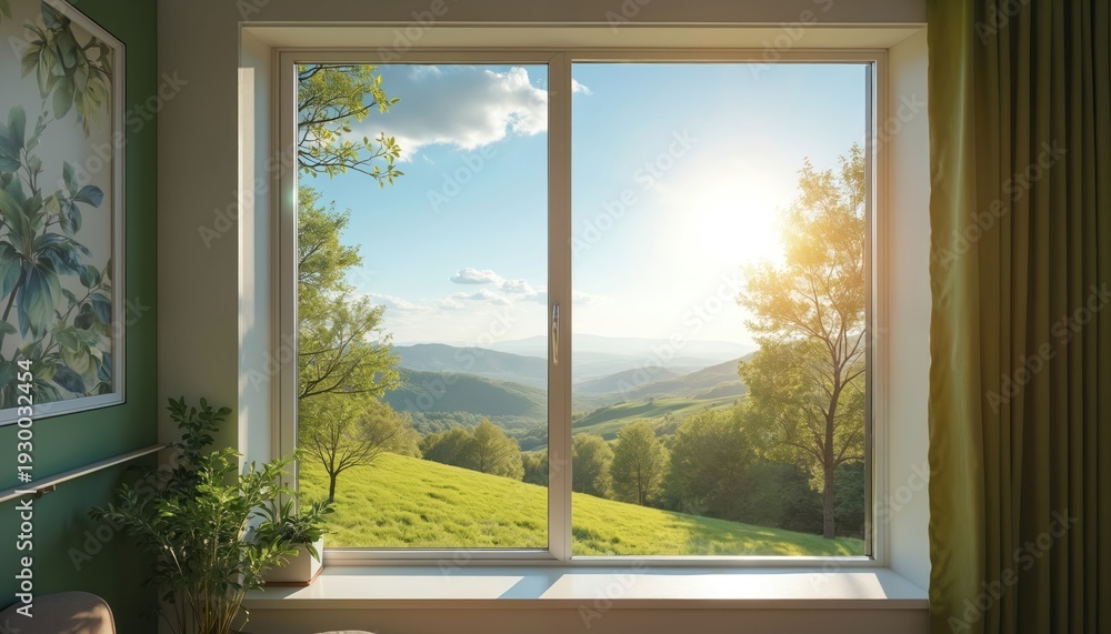 Fototapeta premium Wide window frames lush green landscape. Bright sun shines over rolling hills. Natural daylight floods room from scenic outdoor view. Peaceful valley scenery. Cozy interior.