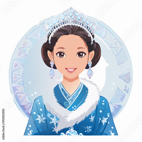 Cartoon princess wearing a blue dress and tiara with snowflakes.