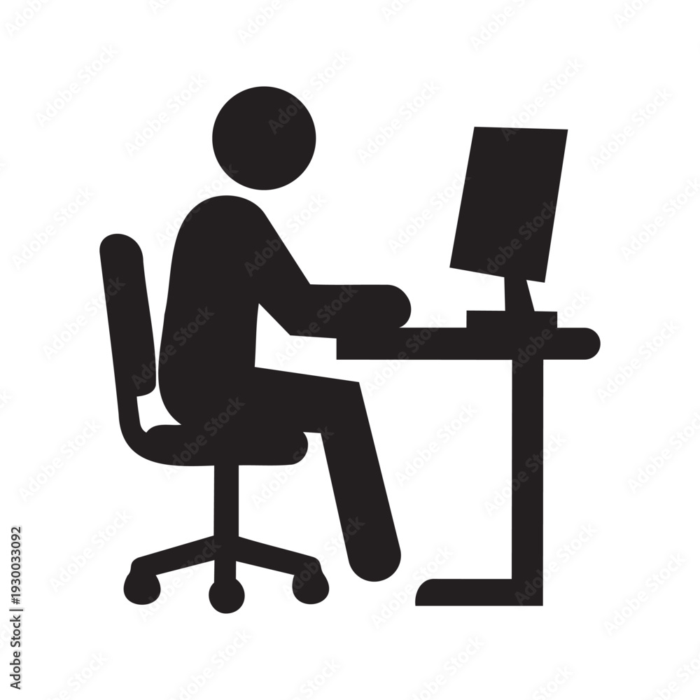 Fototapeta premium Man Working on Computer Icon, Businessman Sitting at Desk Silhouette.