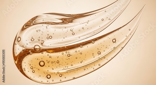 Golden Amber Gel Swatch with Air Bubbles on Warm Beige Background, Transparent Viscous Liquid Texture for Beauty or Skincare Concept