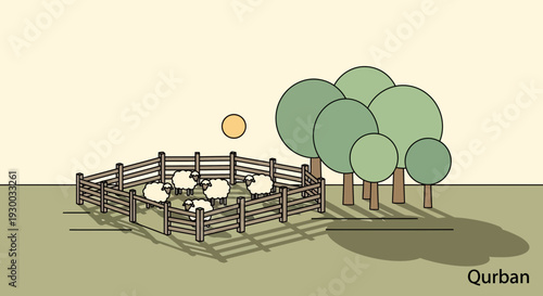 Sheep in Enclosure Near Trees and Sun.