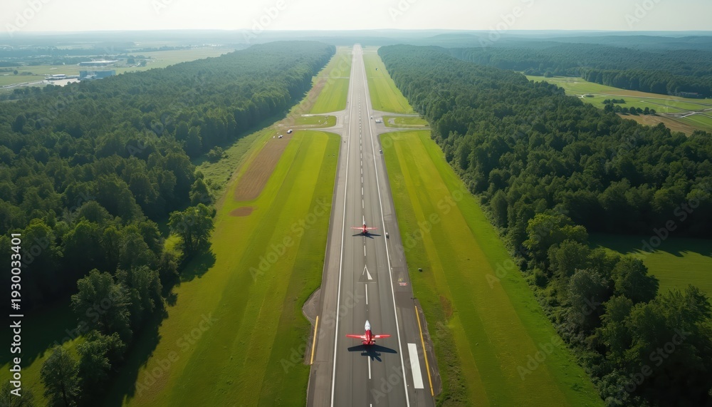 Obraz premium Aerial view of long airport runway with two small red planes positioned on tarmac. Green forest surrounds airfield, open fields visible beyond. Transportation hub for aviation travel.