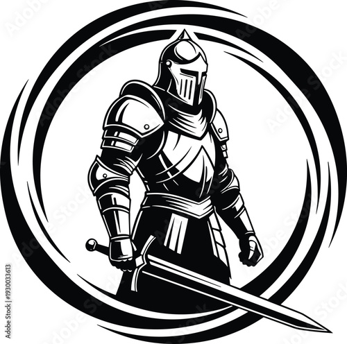 Medieval knight illustration, armored warrior artwork, black and white tattoo design, fantasy soldier logo, historical battle symbol, bold heroic graphic drawing