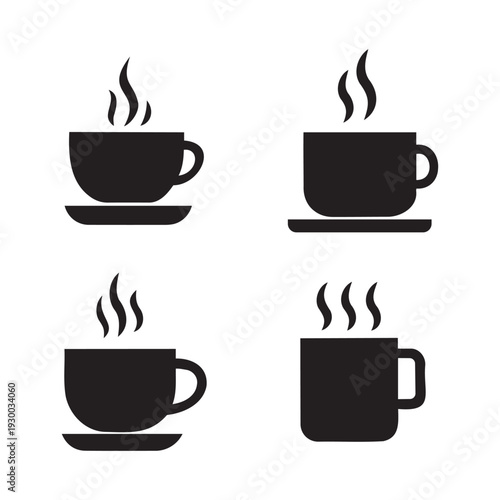 Coffee cup icon set with steam, hot tea mug symbol, breakfast beverage for cafe.