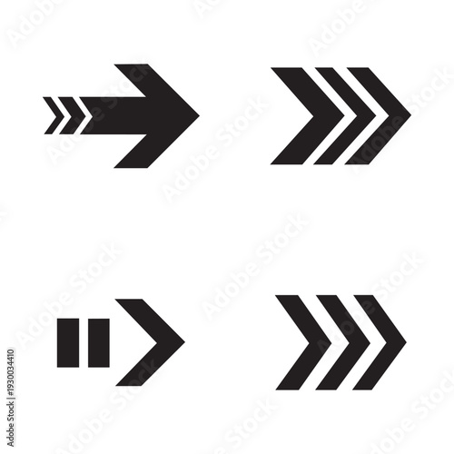 Arrow symbols for navigation, redo, share and download in black flat design.