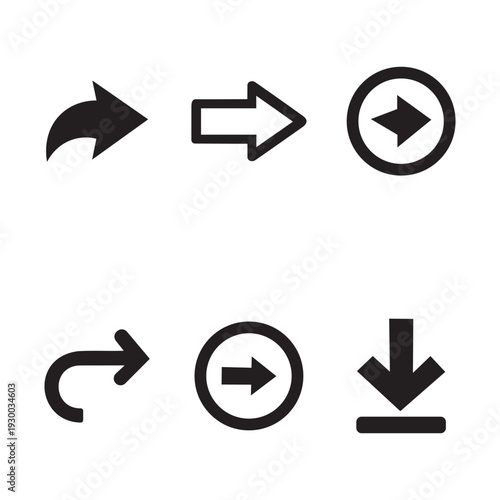 Arrow symbols for navigation, redo, share and download in black flat design.
