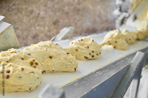Schilderij op canvas Raisin dough being transported on a conveyor belt in a bakery during production