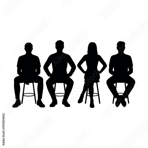 Silhouettes of four diverse people sitting on stools creating a modern, conceptual grouping.