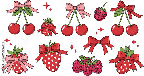 Cute cherries and strawberries with bows set – kawaii berry and fruit illustration