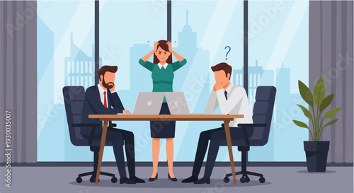 Stressed Businesswoman Overwhelmed by Conflicting Demands and Workload from Colleagues, Symbolizing Workplace Pressure and Decision-Making Challenges in a Busy Office Setting